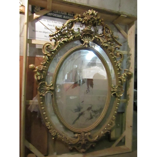 189 - Very Large Oval Form Gilded Wall Mirror with Cherub Motif Decoration Upper Cartouche Motifs Approxim... 