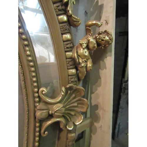 189 - Very Large Oval Form Gilded Wall Mirror with Cherub Motif Decoration Upper Cartouche Motifs Approxim... 