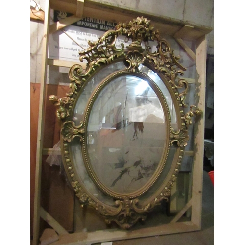 189 - Very Large Oval Form Gilded Wall Mirror with Cherub Motif Decoration Upper Cartouche Motifs Approxim... 