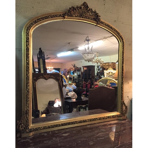 190 - Gilded Over Mantle Mirror with Upper Cartouche Decoration Side Carvings Approximately 5ft Wide x 5ft... 