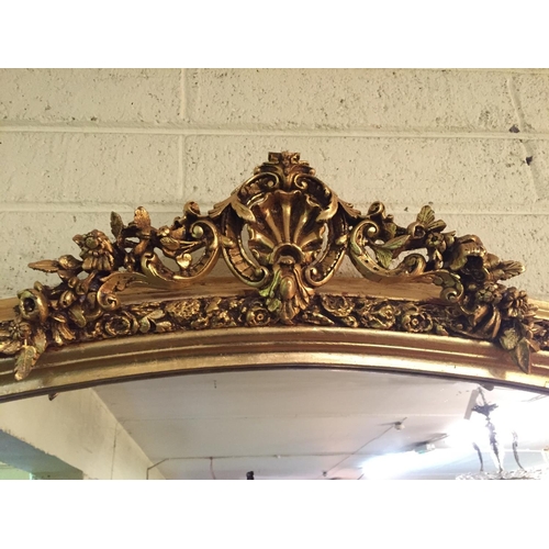 190 - Gilded Over Mantle Mirror with Upper Cartouche Decoration Side Carvings Approximately 5ft Wide x 5ft... 