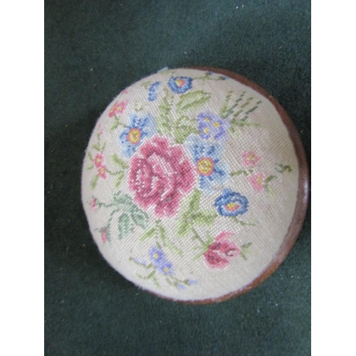 26 - Victorian Needlepoint Upholstered Circular Form Foot Stool Marquetry Decorated Approximately 10 Inch... 