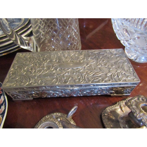 41 - Two Silver Plated Antique Candle Rests Ladies' Silver Plated Jewellery Box with Hinge Cover