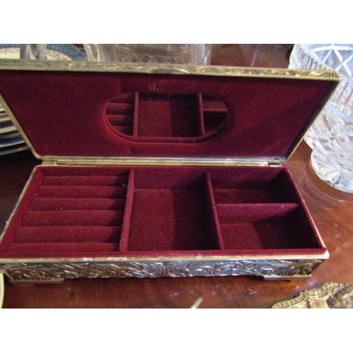 41 - Two Silver Plated Antique Candle Rests Ladies' Silver Plated Jewellery Box with Hinge Cover