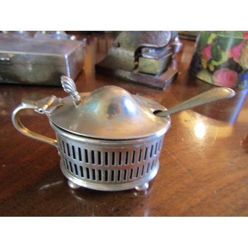 69 - Antique Silver Mustard Pot with Spoon Hinged Cover Open Fret Decoration