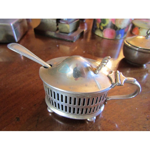 69 - Antique Silver Mustard Pot with Spoon Hinged Cover Open Fret Decoration