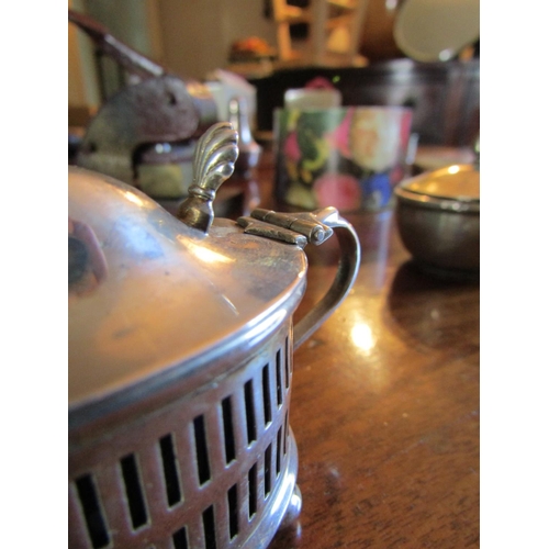 69 - Antique Silver Mustard Pot with Spoon Hinged Cover Open Fret Decoration