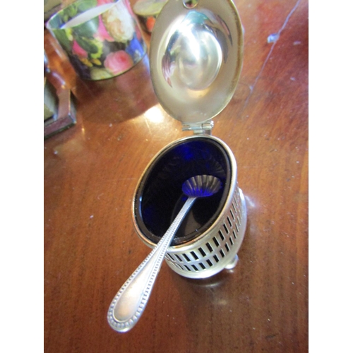 69 - Antique Silver Mustard Pot with Spoon Hinged Cover Open Fret Decoration