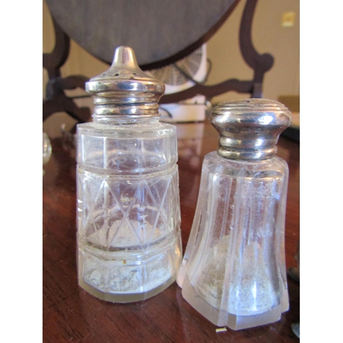 74 - Two Silver Mounted Crystal Table Salts and Two Others Four Pieces in Lot