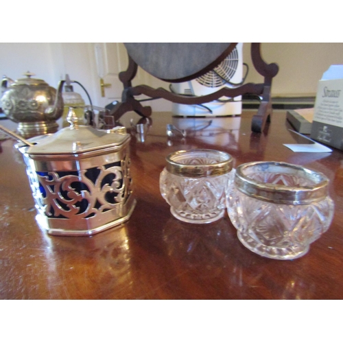 76 - Octagonal Form Mustard Pot with Hinge Cover and Two Silver Mounted Cut Crystal Table Salts Three Ite... 