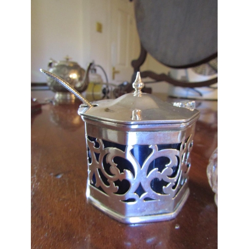 76 - Octagonal Form Mustard Pot with Hinge Cover and Two Silver Mounted Cut Crystal Table Salts Three Ite... 