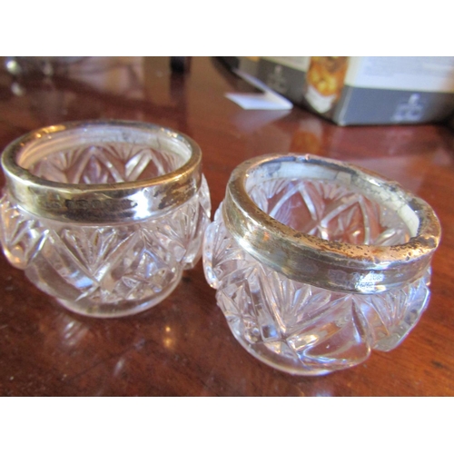 76 - Octagonal Form Mustard Pot with Hinge Cover and Two Silver Mounted Cut Crystal Table Salts Three Ite... 