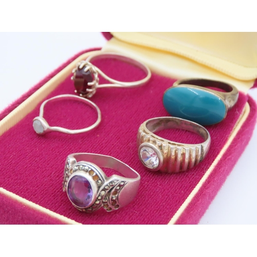 127 - Five Assorted Silver Rings Mounted with Various Gemstones Ring Sizes M and a Half etc