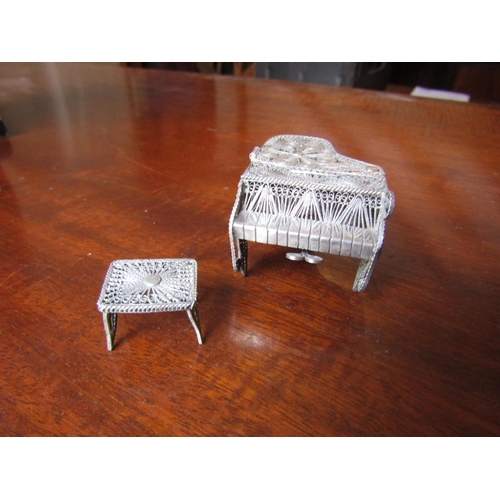 146 - Vintage Silver Filigree Decorated Wirework Piano and Stool Trinket Box