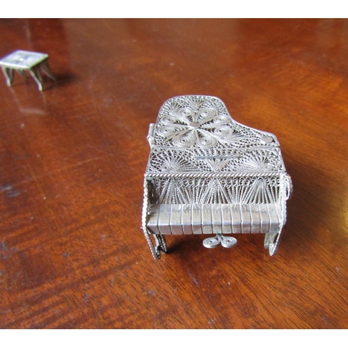 146 - Vintage Silver Filigree Decorated Wirework Piano and Stool Trinket Box