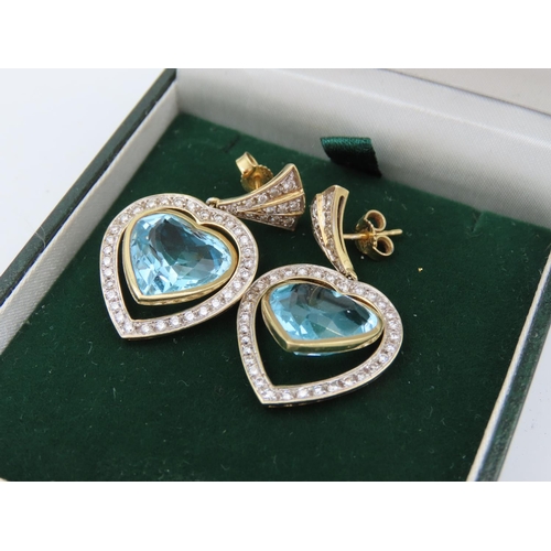 177 - Pair of Attractively Set Heart Shape Ladies Diamond Earrings Blue Topaz Centre Stones Clear High Col... 