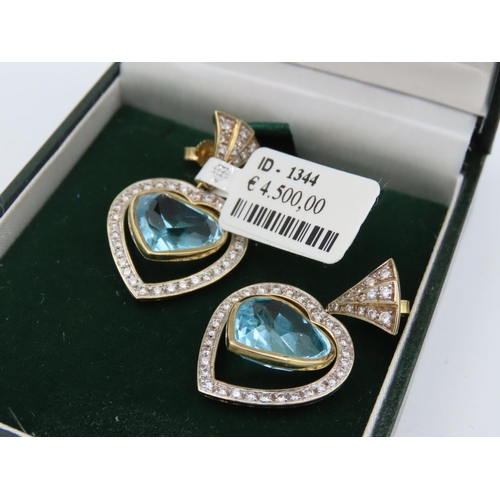 177 - Pair of Attractively Set Heart Shape Ladies Diamond Earrings Blue Topaz Centre Stones Clear High Col... 