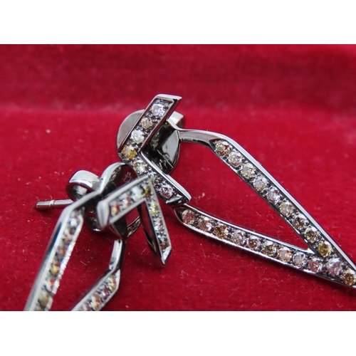 196 - Unusual Pair of Geometric Form Champagne Diamond Set Ladies Earrings Mounted on 18 Carat White Gold