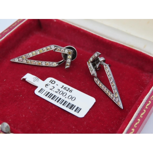 196 - Unusual Pair of Geometric Form Champagne Diamond Set Ladies Earrings Mounted on 18 Carat White Gold