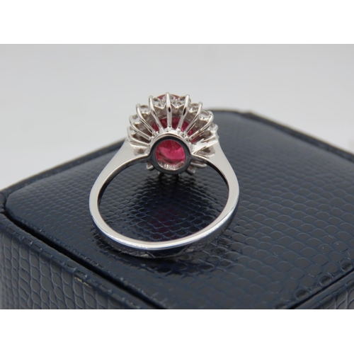 200 - Ruby Centre Stone Ladies Ring with Diamond Cluster Setting Mounted on 18 Carat White Gold Band Ruby ... 