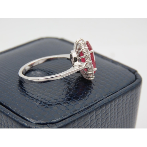 200 - Ruby Centre Stone Ladies Ring with Diamond Cluster Setting Mounted on 18 Carat White Gold Band Ruby ... 