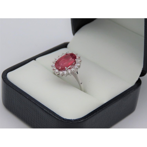 200 - Ruby Centre Stone Ladies Ring with Diamond Cluster Setting Mounted on 18 Carat White Gold Band Ruby ... 