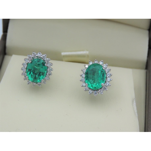 208 - Pair of Ladies Diamond and Emerald Cluster Earrings Mounted on 18 Carat White Gold Diamonds Approxim... 