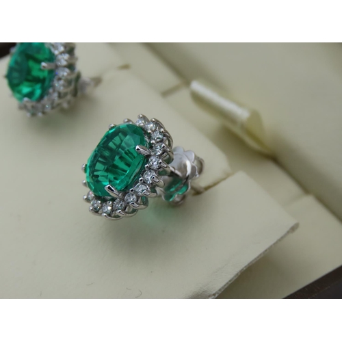 208 - Pair of Ladies Diamond and Emerald Cluster Earrings Mounted on 18 Carat White Gold Diamonds Approxim... 