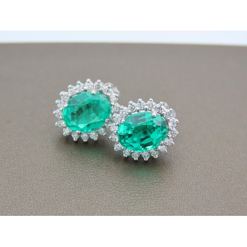 208 - Pair of Ladies Diamond and Emerald Cluster Earrings Mounted on 18 Carat White Gold Diamonds Approxim... 