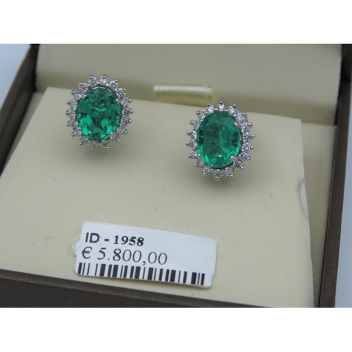 208 - Pair of Ladies Diamond and Emerald Cluster Earrings Mounted on 18 Carat White Gold Diamonds Approxim... 