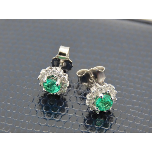 209 - Pair of Ladies Diamond and Emerald Cluster Earrings Mounted on 18 Carat White Gold Diamonds Approxim... 