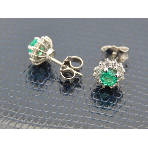 209 - Pair of Ladies Diamond and Emerald Cluster Earrings Mounted on 18 Carat White Gold Diamonds Approxim... 