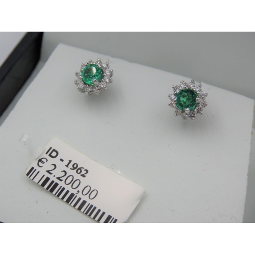 209 - Pair of Ladies Diamond and Emerald Cluster Earrings Mounted on 18 Carat White Gold Diamonds Approxim... 