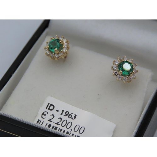 210 - Pair of Ladies Diamond and Emerald Cluster Earrings Mounted on 18 Carat White Gold Diamonds Approxim... 