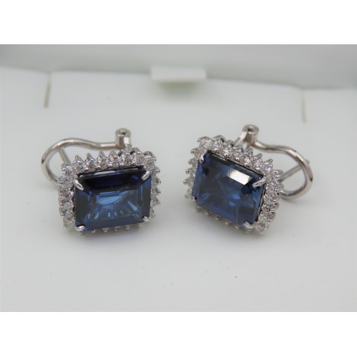 211 - Pair of Cushion Cut Diamond and Sapphire Ladies Earrings Mounted on 18 Carat White Gold Sapphires To... 