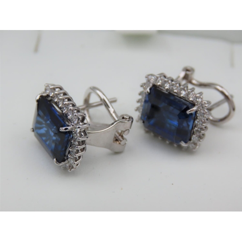 211 - Pair of Cushion Cut Diamond and Sapphire Ladies Earrings Mounted on 18 Carat White Gold Sapphires To... 