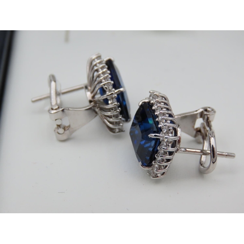 211 - Pair of Cushion Cut Diamond and Sapphire Ladies Earrings Mounted on 18 Carat White Gold Sapphires To... 