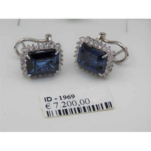 211 - Pair of Cushion Cut Diamond and Sapphire Ladies Earrings Mounted on 18 Carat White Gold Sapphires To... 