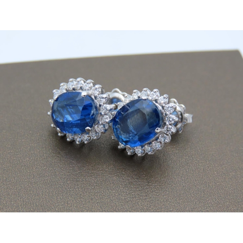 212 - Pair of Oval Cut Diamond and Sapphire Ladies Cluster Earrings Diamonds Approximately 0.8 Carats Sapp... 