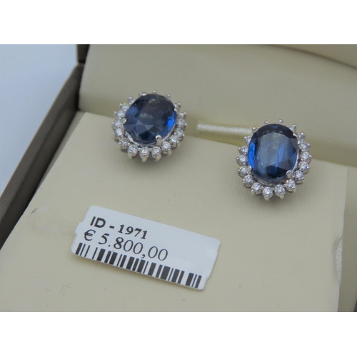 212 - Pair of Oval Cut Diamond and Sapphire Ladies Cluster Earrings Diamonds Approximately 0.8 Carats Sapp... 