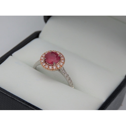 228 - Halo Diamond Set Ladies Centre Stone Ruby Ring Mounted on 18 Carat White Gold Ruby Centre Stone Appr... 