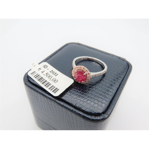 228 - Halo Diamond Set Ladies Centre Stone Ruby Ring Mounted on 18 Carat White Gold Ruby Centre Stone Appr... 