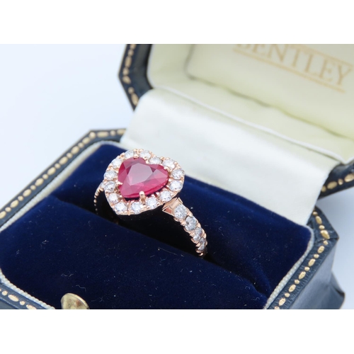 230 - Ruby Heart Form Halo Diamond Set Ladies Ring Mounted on 18 Carat White Gold Ruby Approximately 2 Car... 