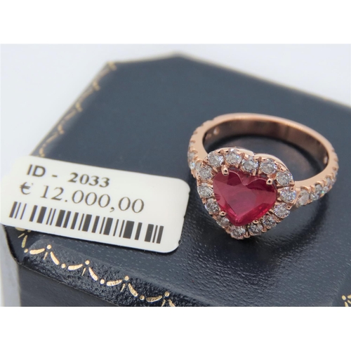 230 - Ruby Heart Form Halo Diamond Set Ladies Ring Mounted on 18 Carat White Gold Ruby Approximately 2 Car... 