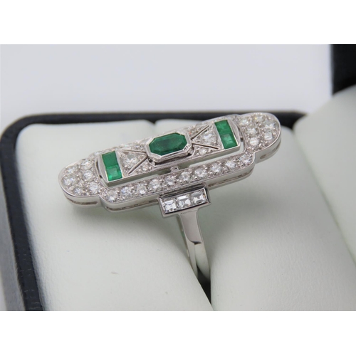 237 - Diamond and Emerald Ladies Ring Panel Set Mounted on 18 Carat White Gold Emerald Approximately 1.7 C... 