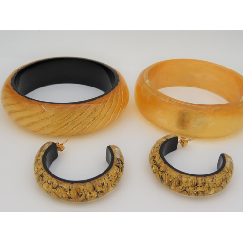 246 - Two Modernist Form Ladies Bangles with Pair of Earrings Each with 24 Carat Gold Highlights