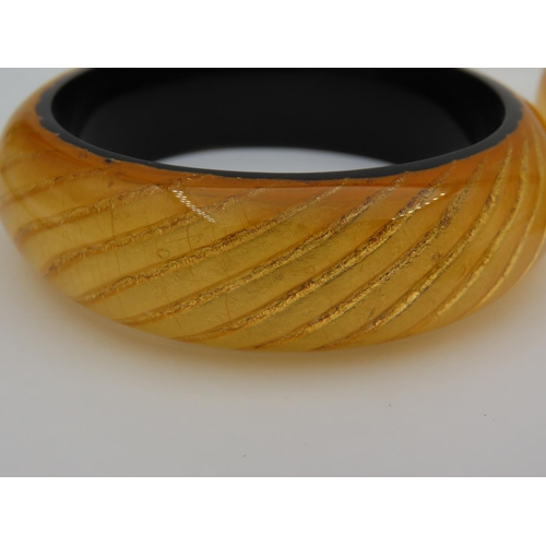 246 - Two Modernist Form Ladies Bangles with Pair of Earrings Each with 24 Carat Gold Highlights