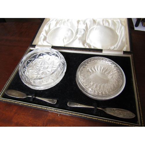 251 - Set of Two Cut Crystal Butter Dishes with Silver Knives Sheffield Hallmarks Contained within Origina... 