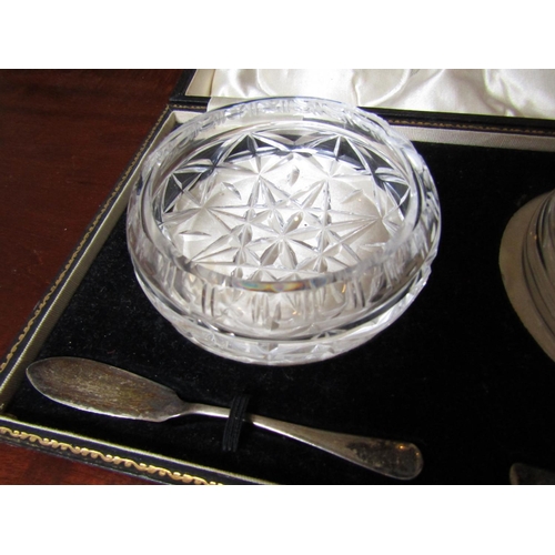 251 - Set of Two Cut Crystal Butter Dishes with Silver Knives Sheffield Hallmarks Contained within Origina... 