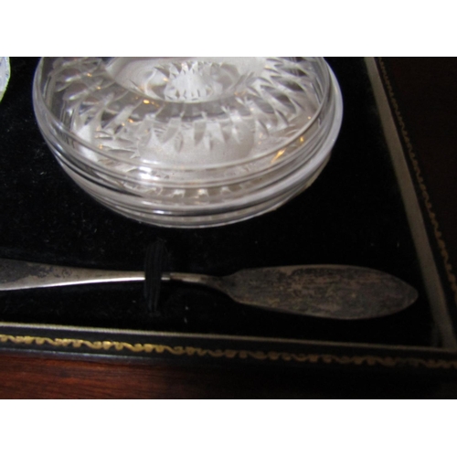 251 - Set of Two Cut Crystal Butter Dishes with Silver Knives Sheffield Hallmarks Contained within Origina... 